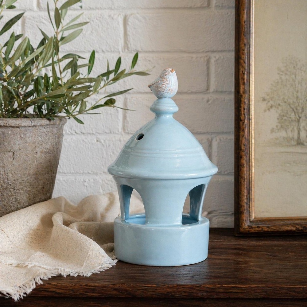 Marjolein Bastin Hallmark Ceramic Bird Feeder Blue Glaze Cottagecore Nature Deco